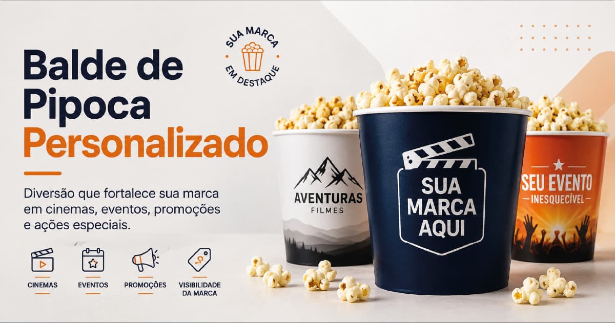 Balde de pipoca personalizado em um ambiente de evento temático, representando ações de marca em sessões e convenções