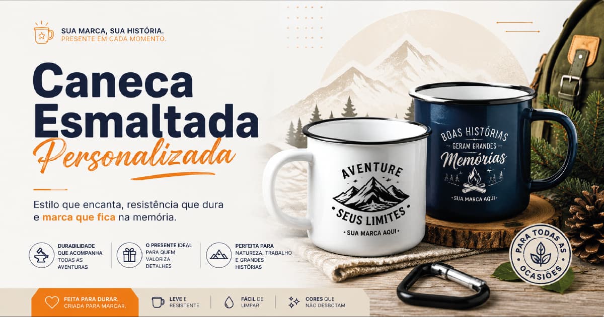 Caneca esmaltada personalizada com acabamento brilhante, em um ambiente informal associado a campanhas e encontros ao ar livre
