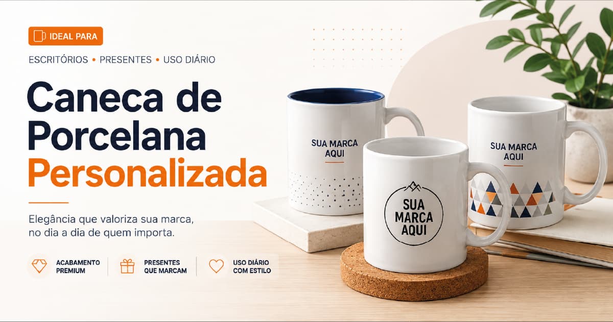 Caneca de porcelana personalizada sobre uma mesa de escritório, representando uso corporativo em kits e no cotidiano de trabalho