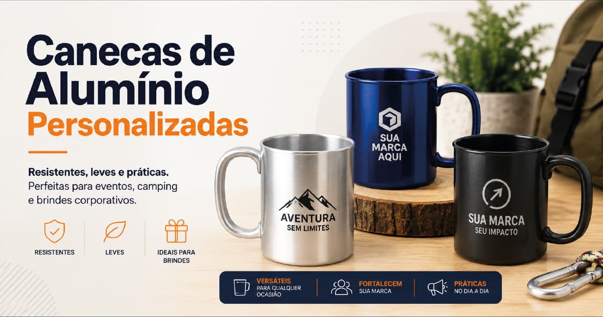 Canecas de alumínio personalizadas de acabamentos variados, em um ambiente de ação corporativa e evento externo