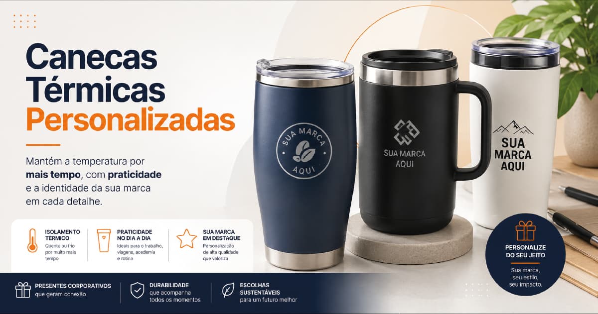 Canecas térmicas personalizadas com tampa em ambiente corporativo, associadas a deslocamentos e uso no dia a dia de equipes