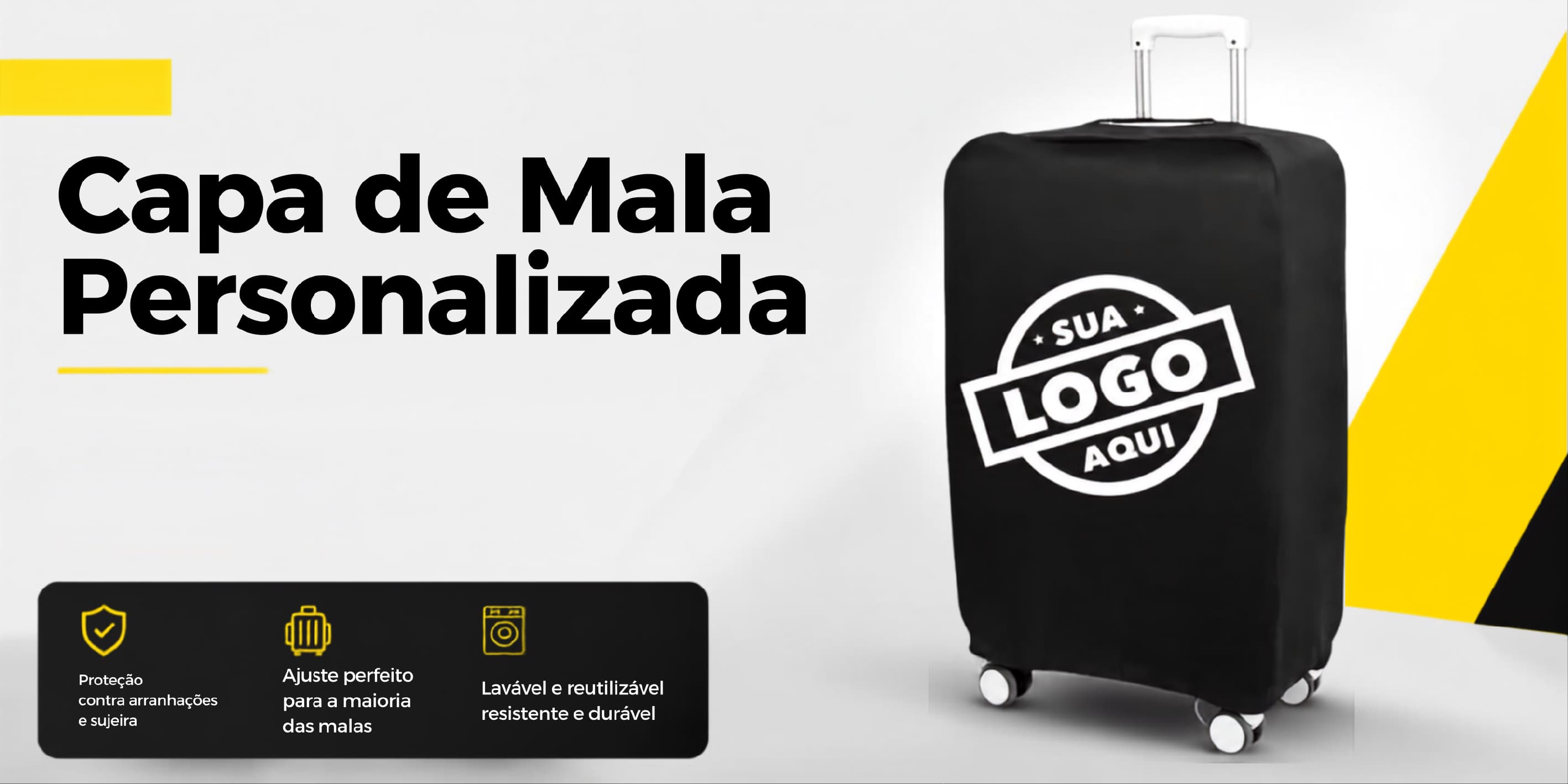 Capa de mala personalizada aplicada em bagagem de viagem em ambiente corporativo e aeroportuário