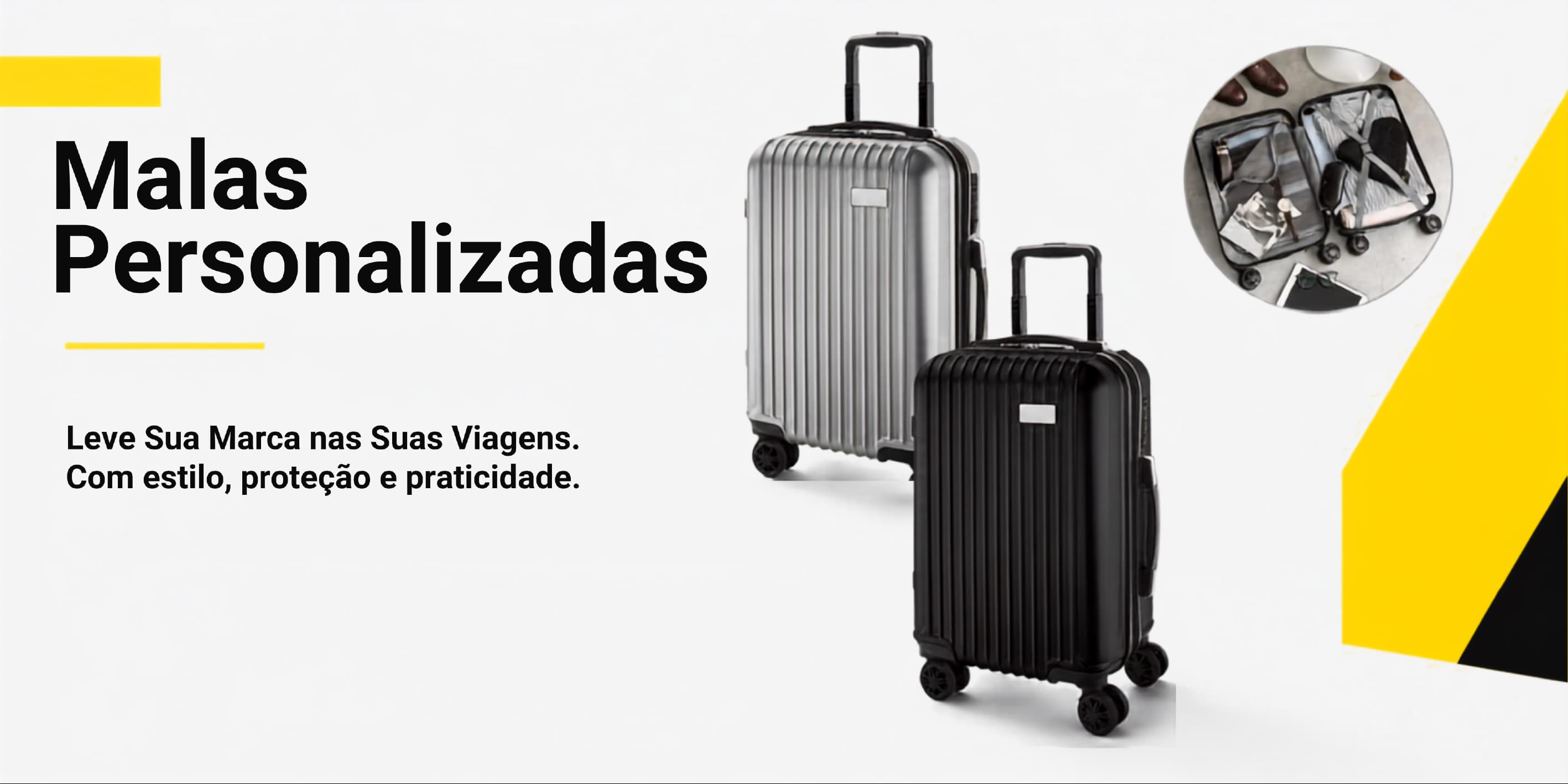 Malas personalizadas de diferentes formatos preparadas para uma viagem corporativa